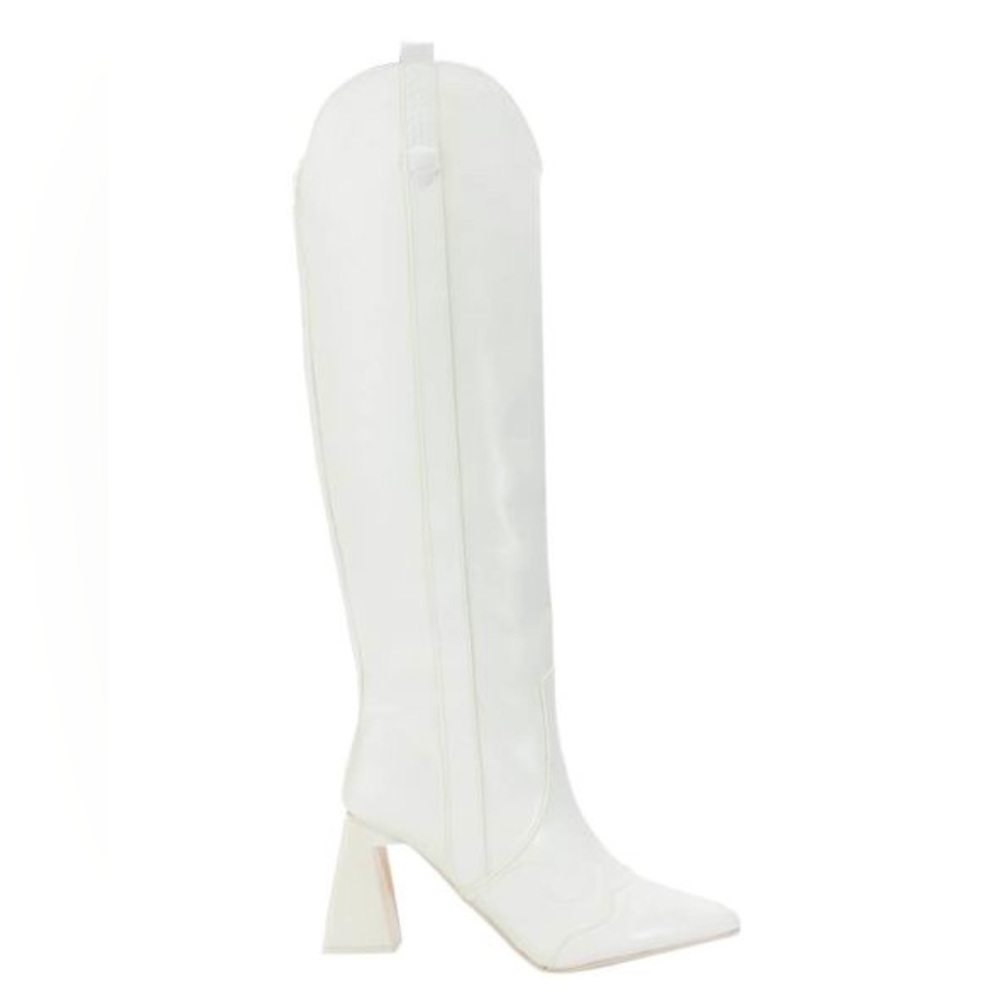 White Leather Knee High Western Cowboy Boots - Picture 2 of 5